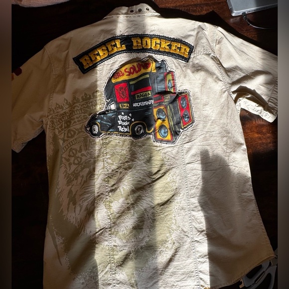 Rebel Spirit Rare Y2K Rebel Rocker Embroidered Button Up Men’s Khaki Top Sz XXL - Picture 8 of 12